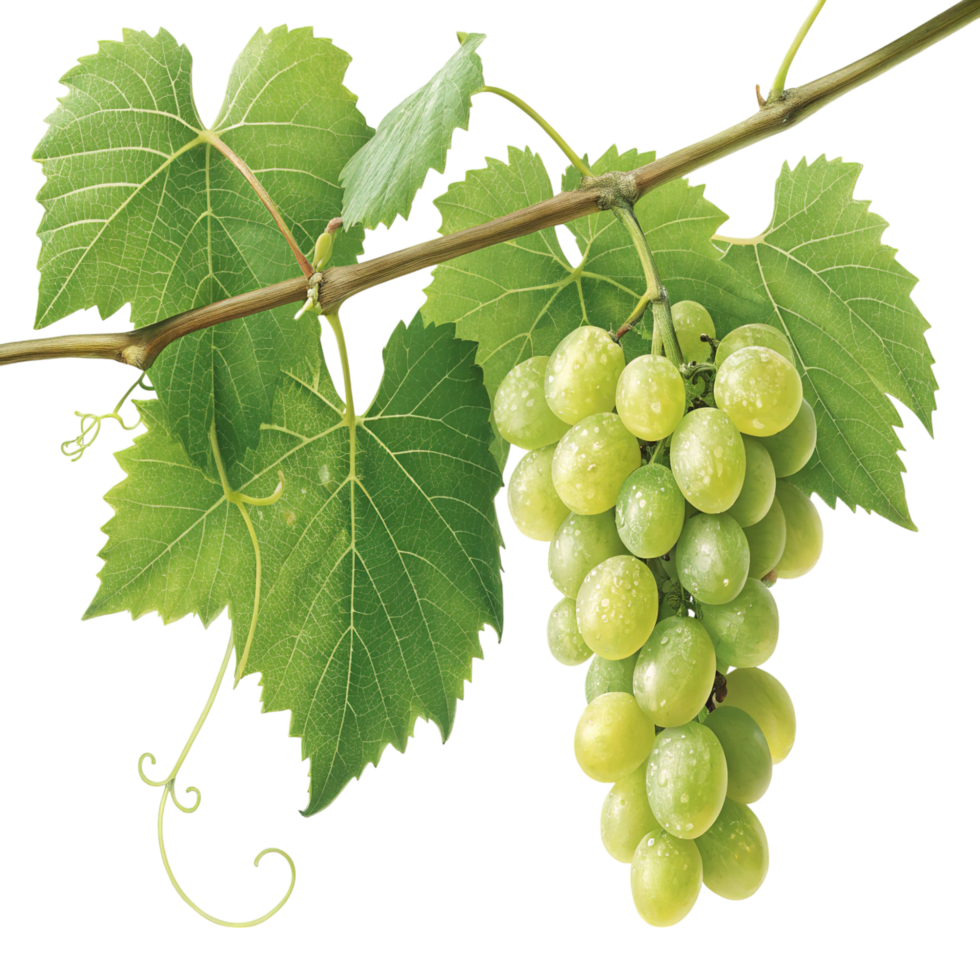 A bunch of green grapes with leaves isolated on transparent background png
