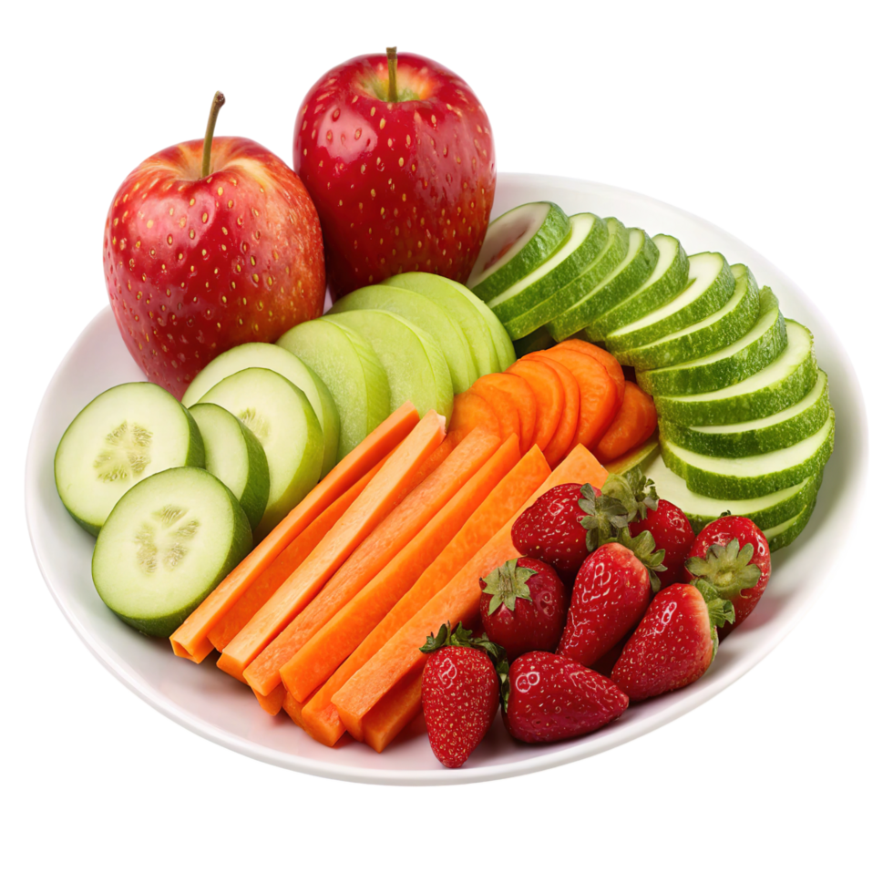 A plate of fresh fruit and vegetables isolated on transparent background png