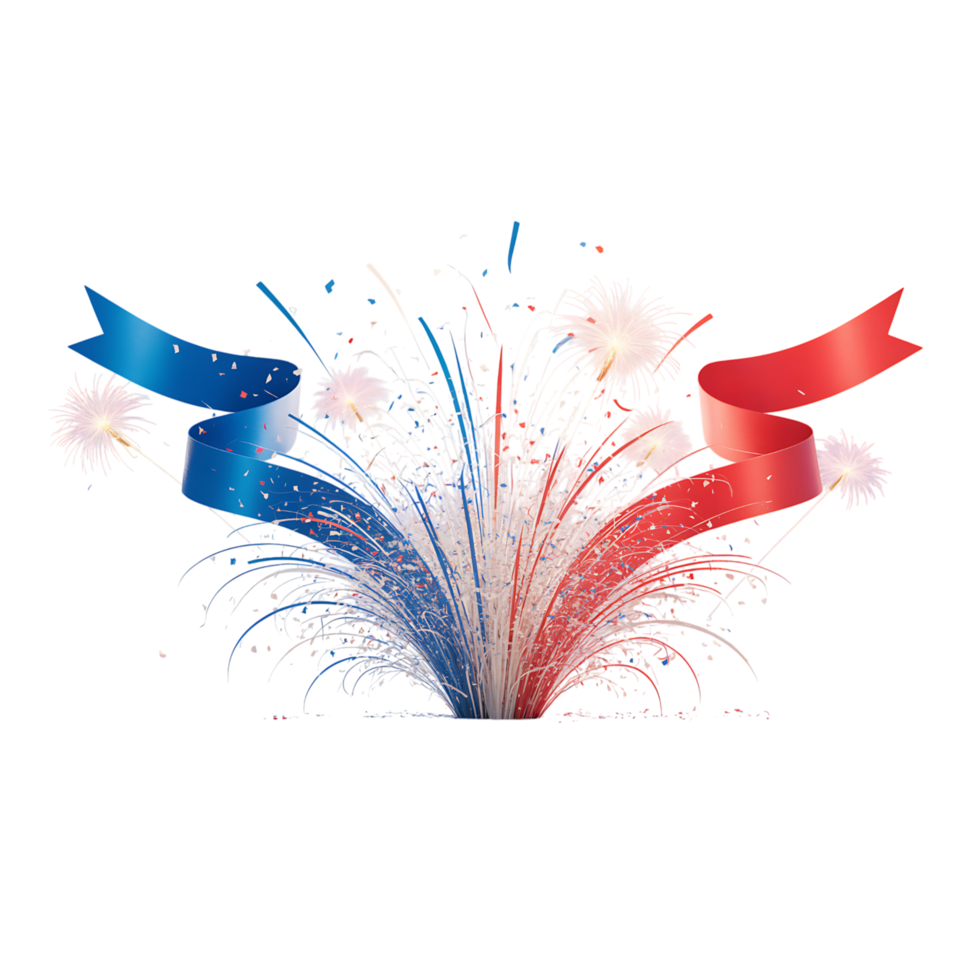 Red and blue fireworks with ribbons isolated on transparent background png