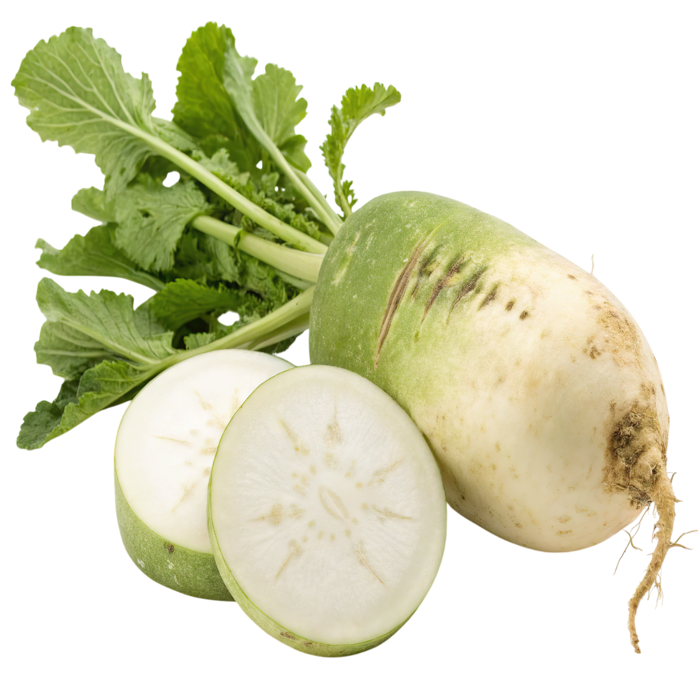A fresh daikon radish, whole and sliced, isolated on transparent background png