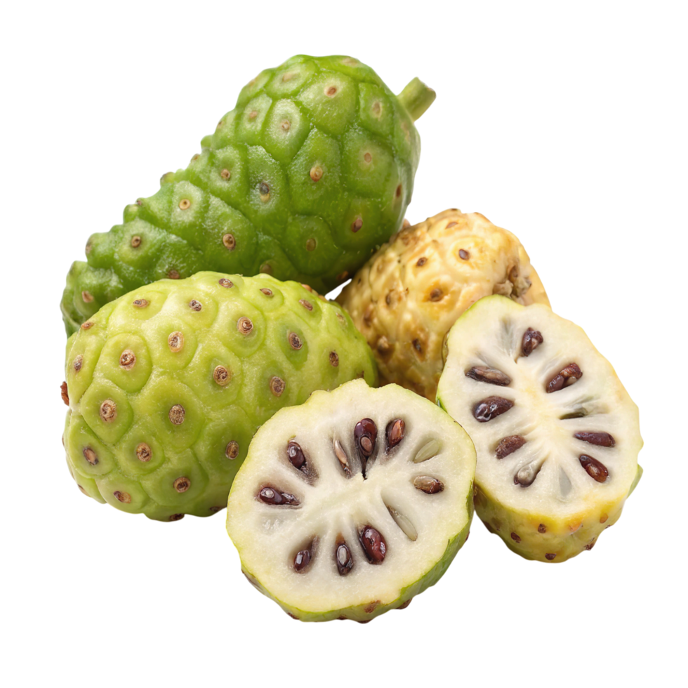 Several noni fruits, whole and halved, isolated on transparent background png