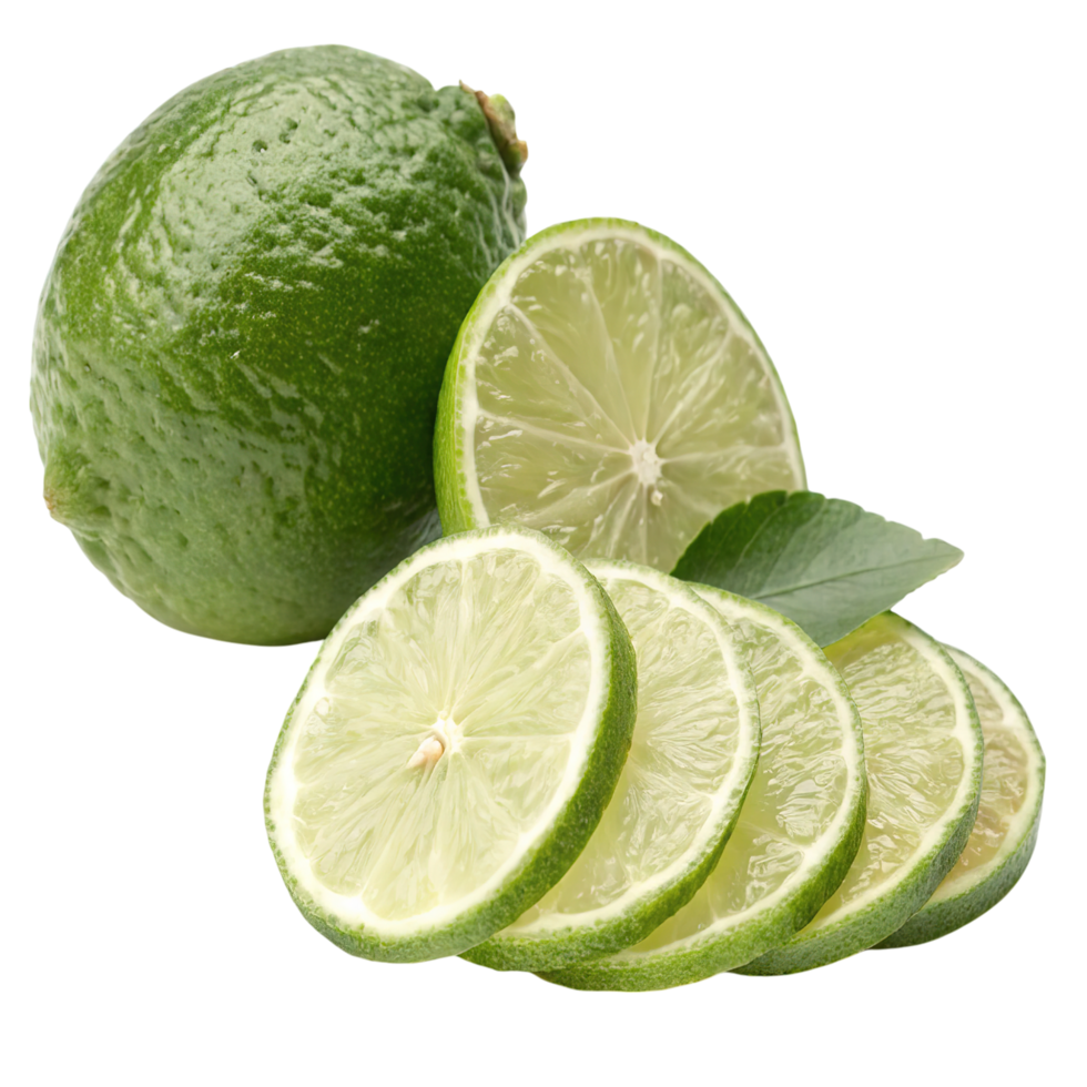 A whole and sliced green lime isolated on transparent background png