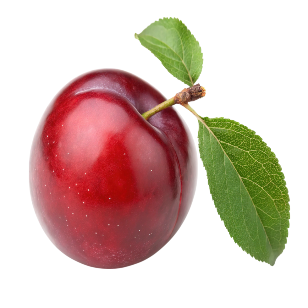 A red plum with leaf isolated on transparent background png
