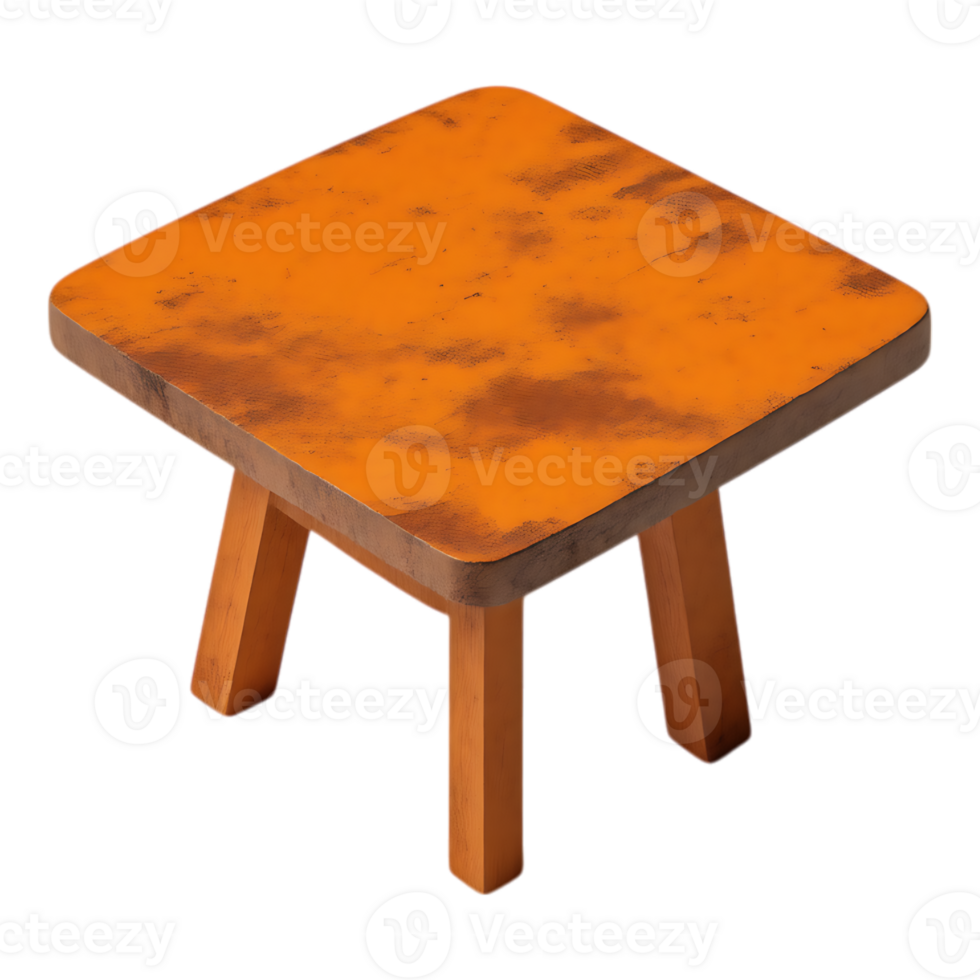 Isometric View of an Orange Wooden Stool with Rustic Finish png