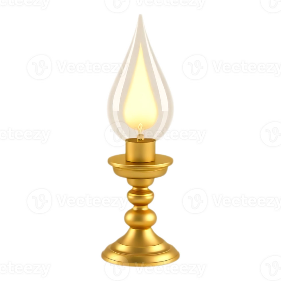 Elegant Golden Candle Lamp with a Lit Candle and Transparent Shade png