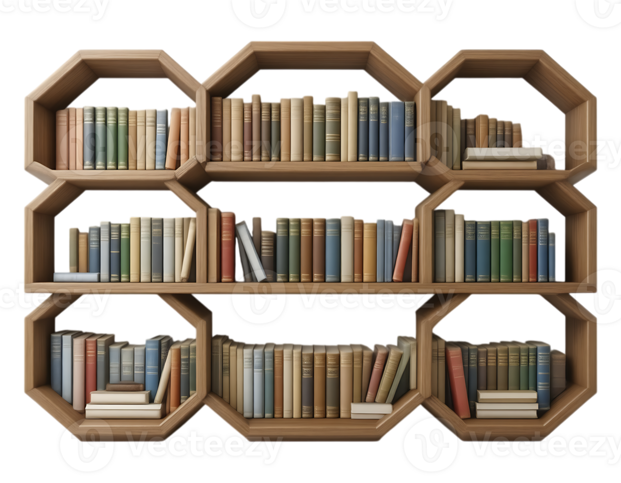 Wooden Hexagon Bookshelf Filled with Books png