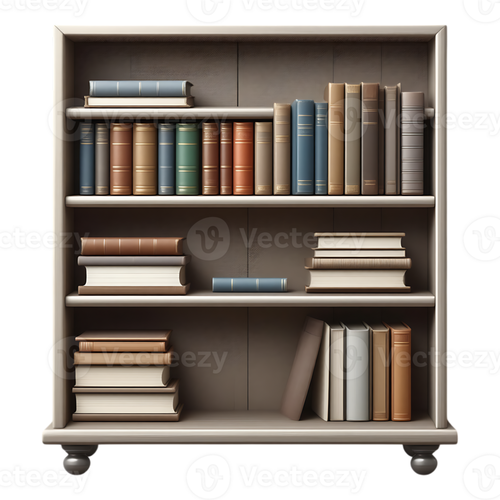 A neatly organized bookshelf filled with a variety of books png