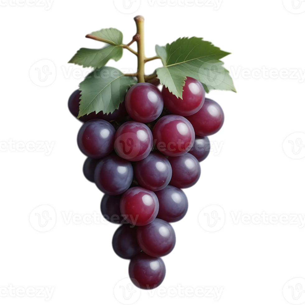 A cluster of ripe, red grapes with green leaves on a transparent background png
