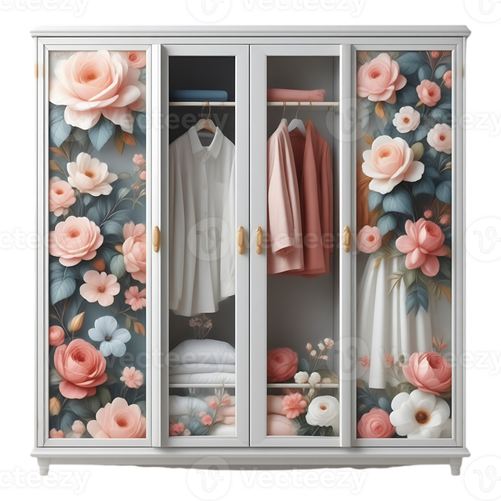 Elegant Floral Wardrobe with Hanging Clothes and Roses png