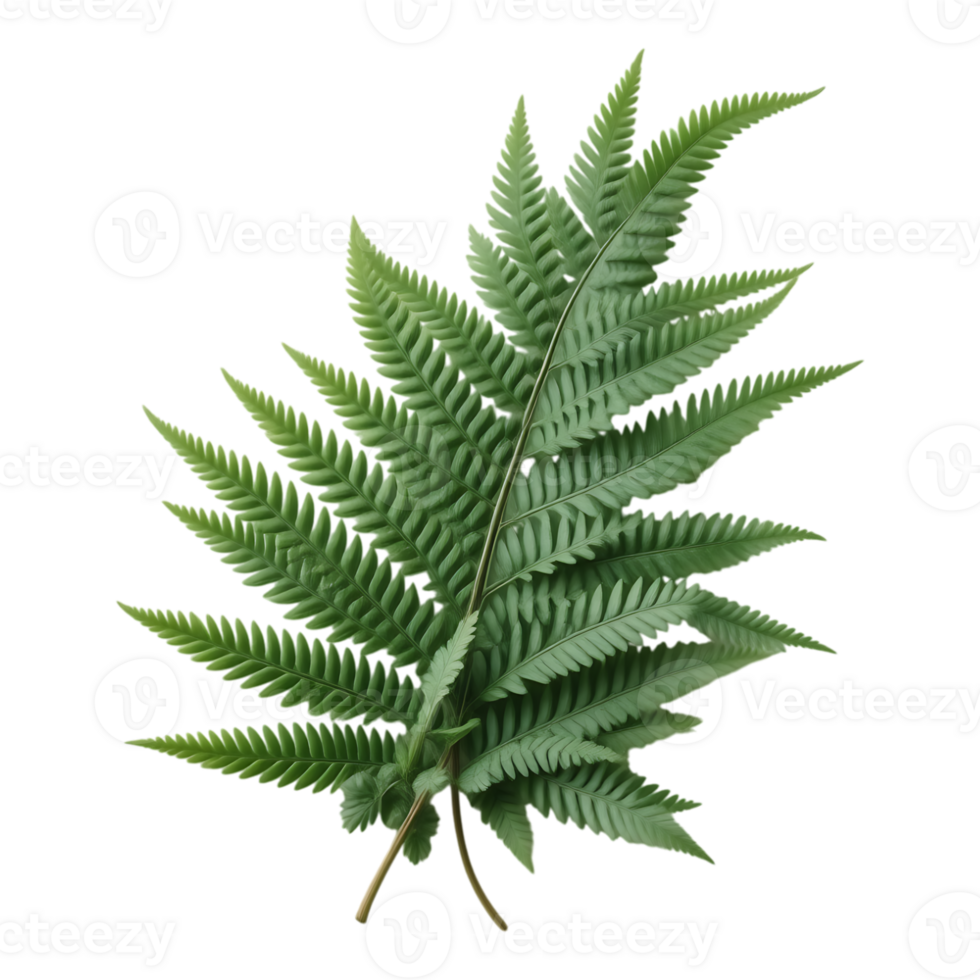 Detailed photograph of a vibrant green fern leaf with transparent background png