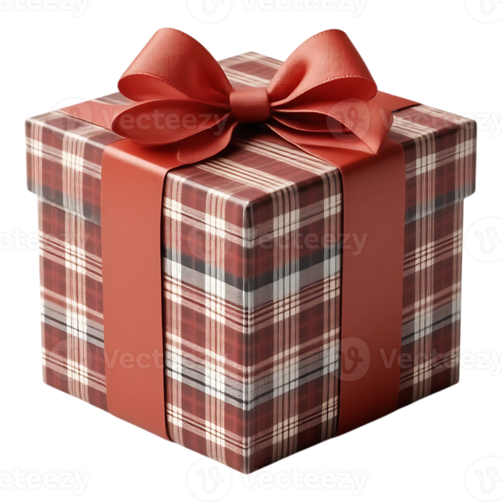 Festive Gift Box with Red Ribbon and Plaid Pattern png