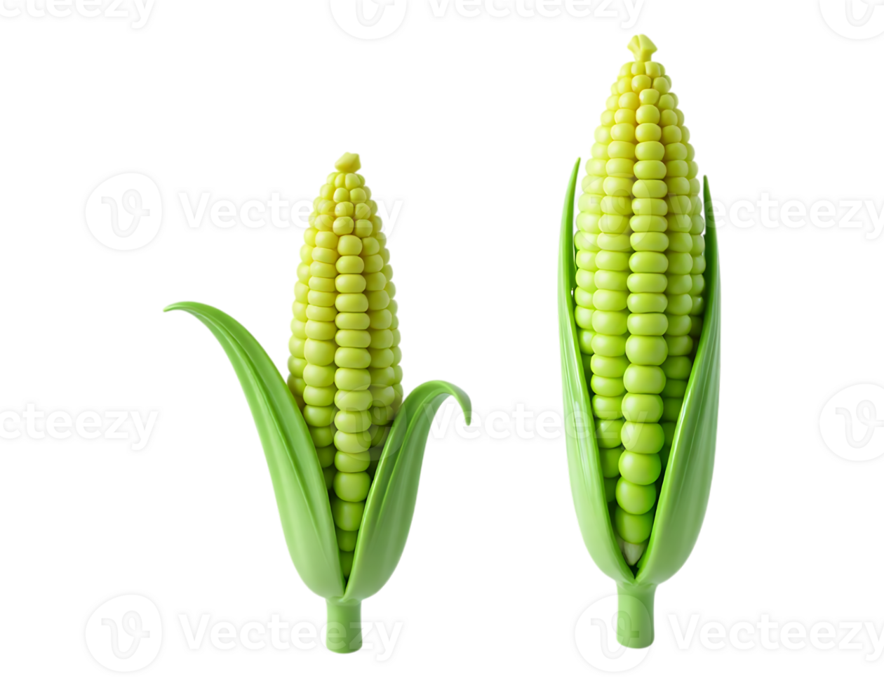 Freshly picked 3D cartoon style corn cobs with green leaves, isolated on transparent png