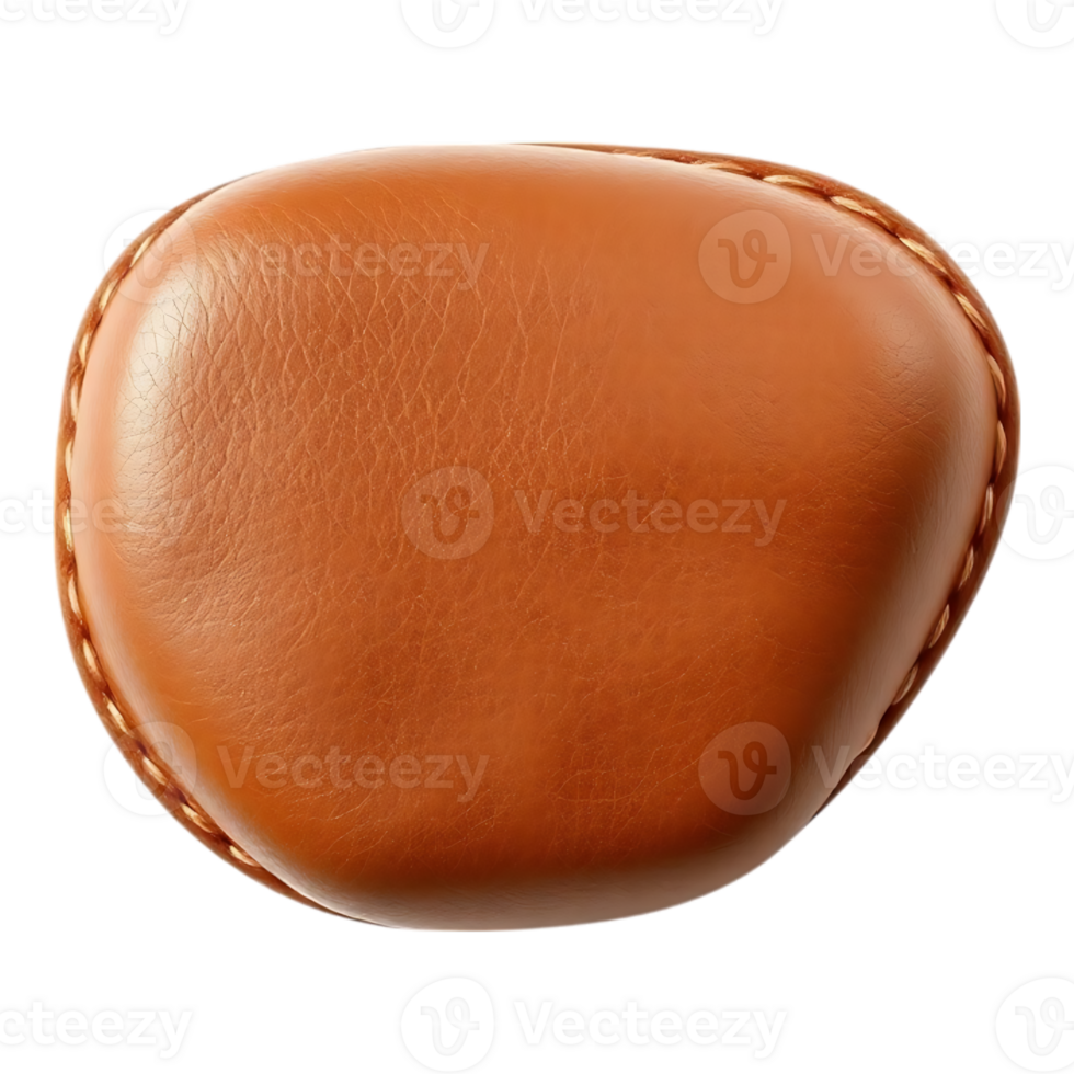 Close-up of a brown leather patch with stitched edges, isolated on a transparent background. png