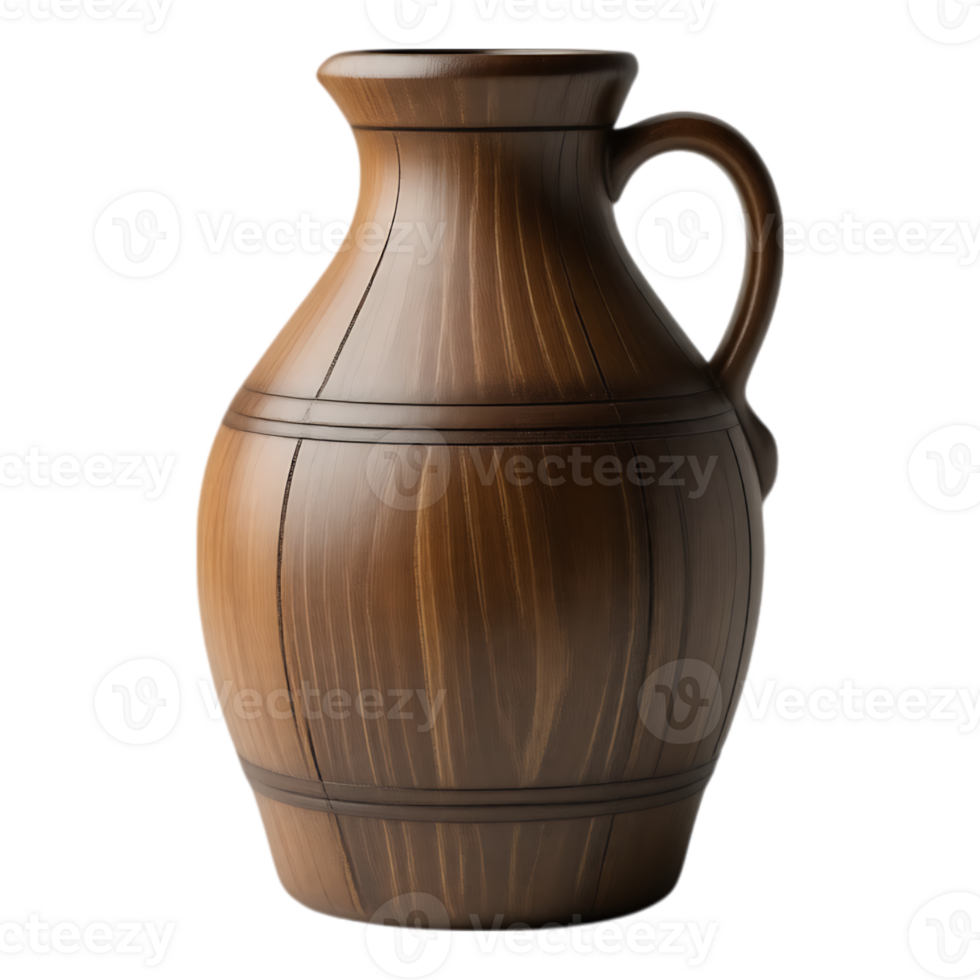 A detailed depiction of a wooden jug with a handle. png