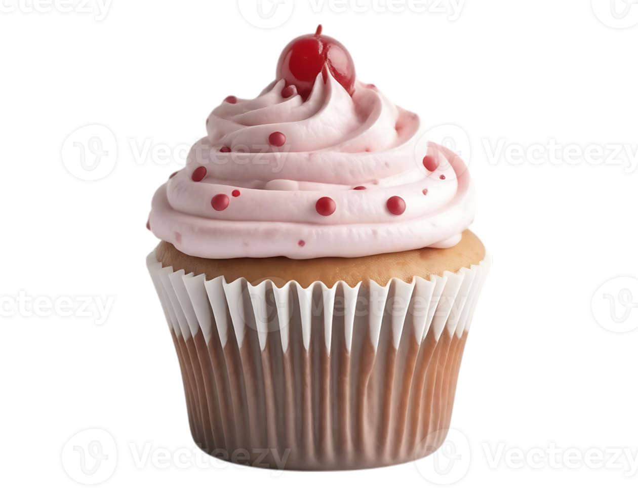 Delicious cupcake with pink frosting and a cherry on top png