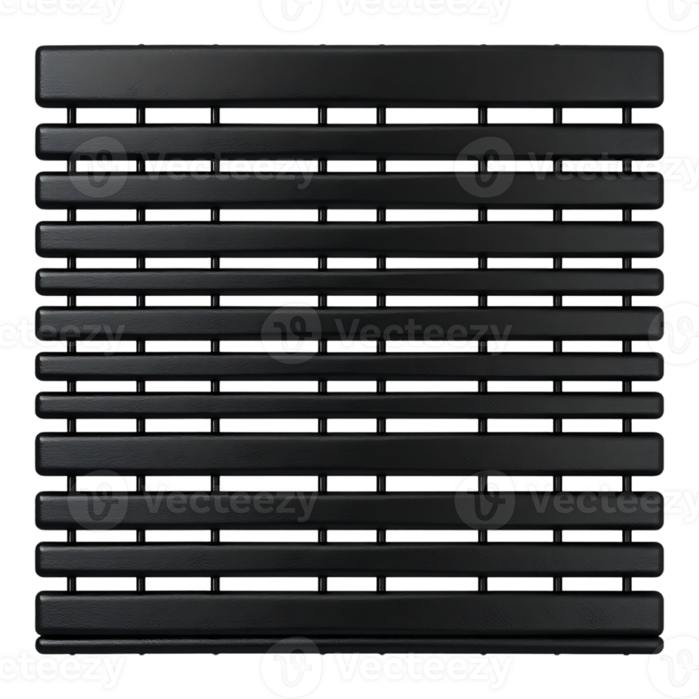 Close-up of a black metal shutter with horizontal slats for ventilation and security. png