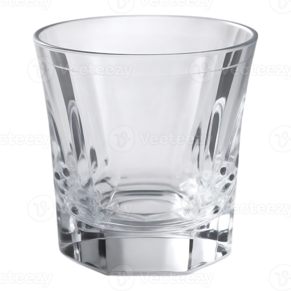 A clear, faceted rocks glass, perfect for whiskey and cocktails. png