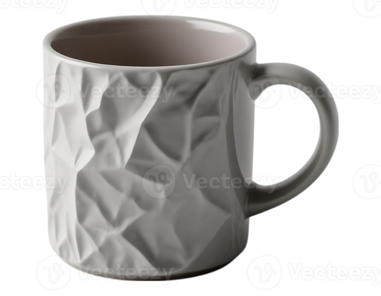 Textured ceramic mug with handle, light gray color, empty, isolated png