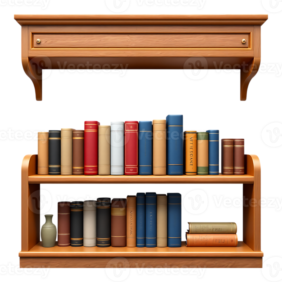 Wooden Bookshelves with Books and a Shelf above png