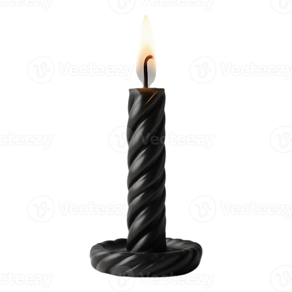 Black twisted candle with lit flame on transparent background png