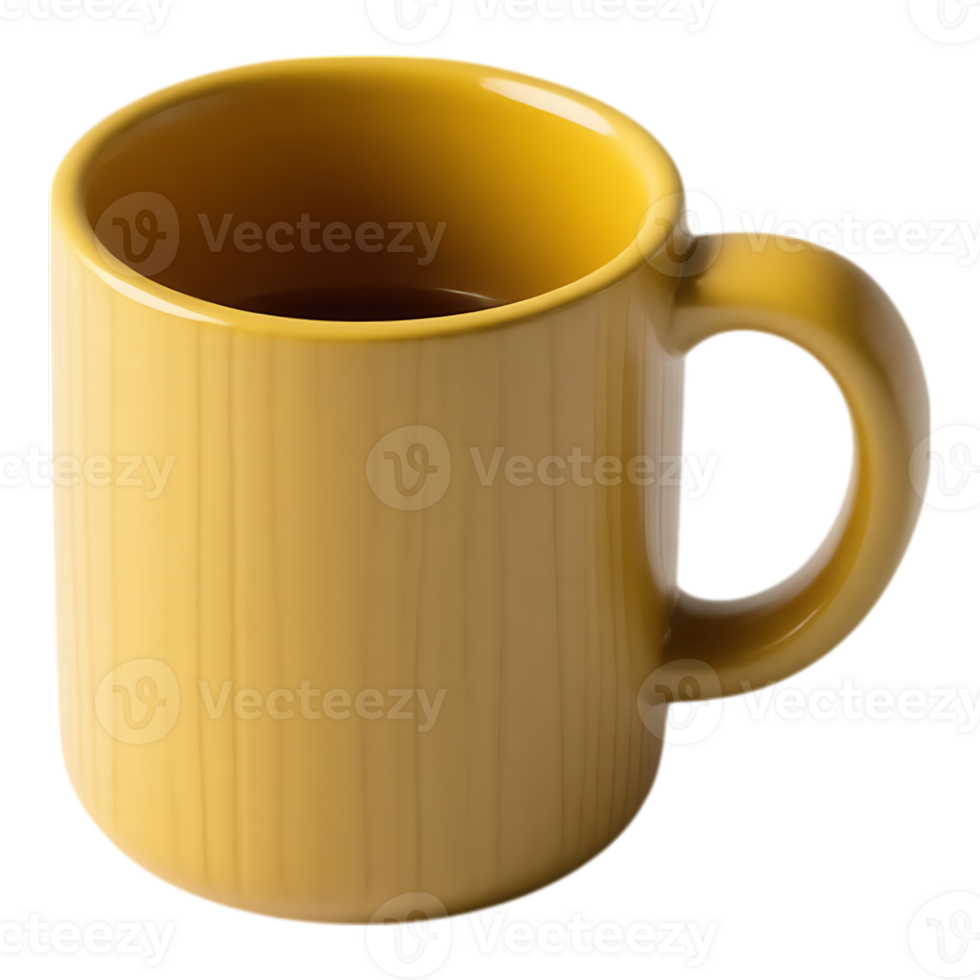 Yellow mug filled with dark liquid, isolated on a transparent backdrop, perfect for coffee or tea. png