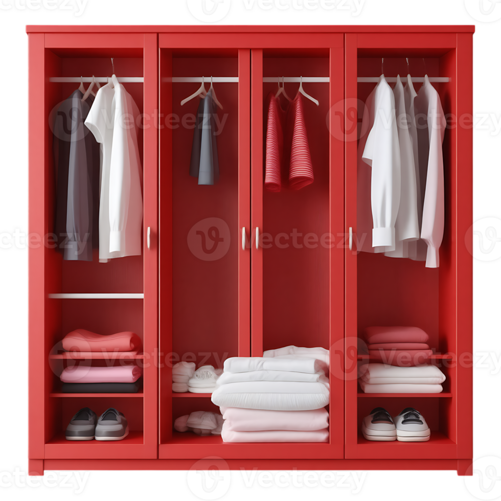 Red wardrobe with clothes, shoes, and linens organized for storage. png