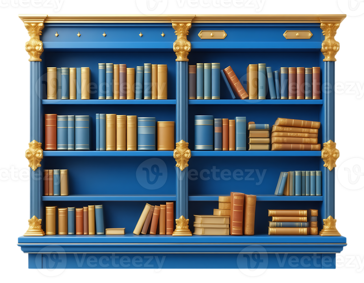 Elegant Blue Bookshelf with Gold Accents and Numerous Books png