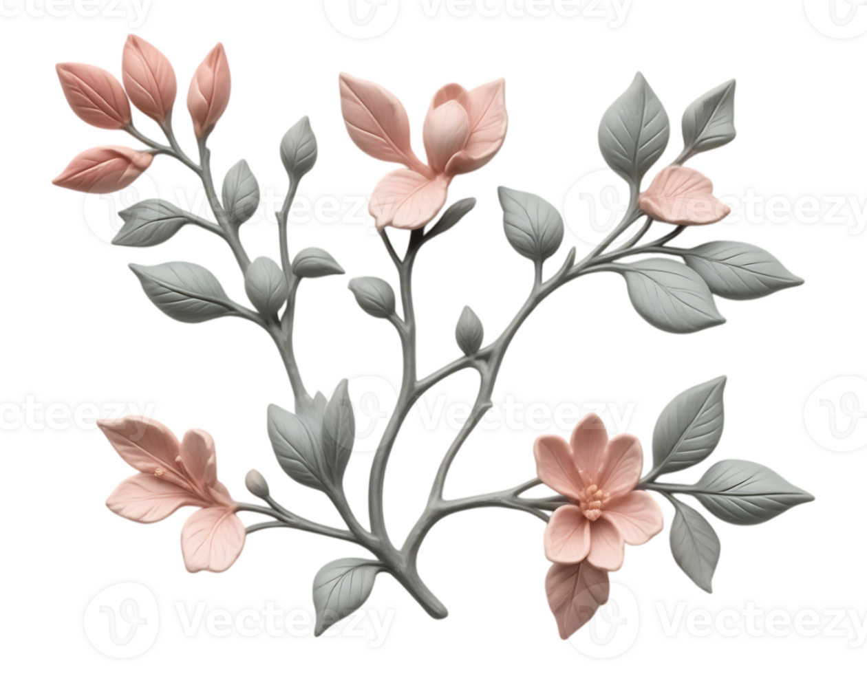 Elegant 3D Floral Arrangement with Pink Blossoms and Gray Leaves png