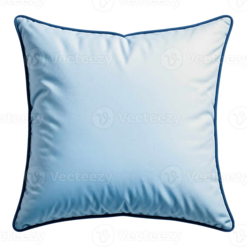 Sky blue square pillow with navy trim, isolated on transparent background png
