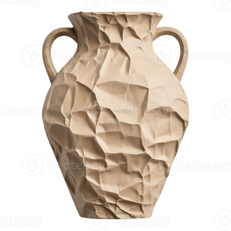 Textured Paper Vase with Handles, Crumpled Surface, Neutral Tones png