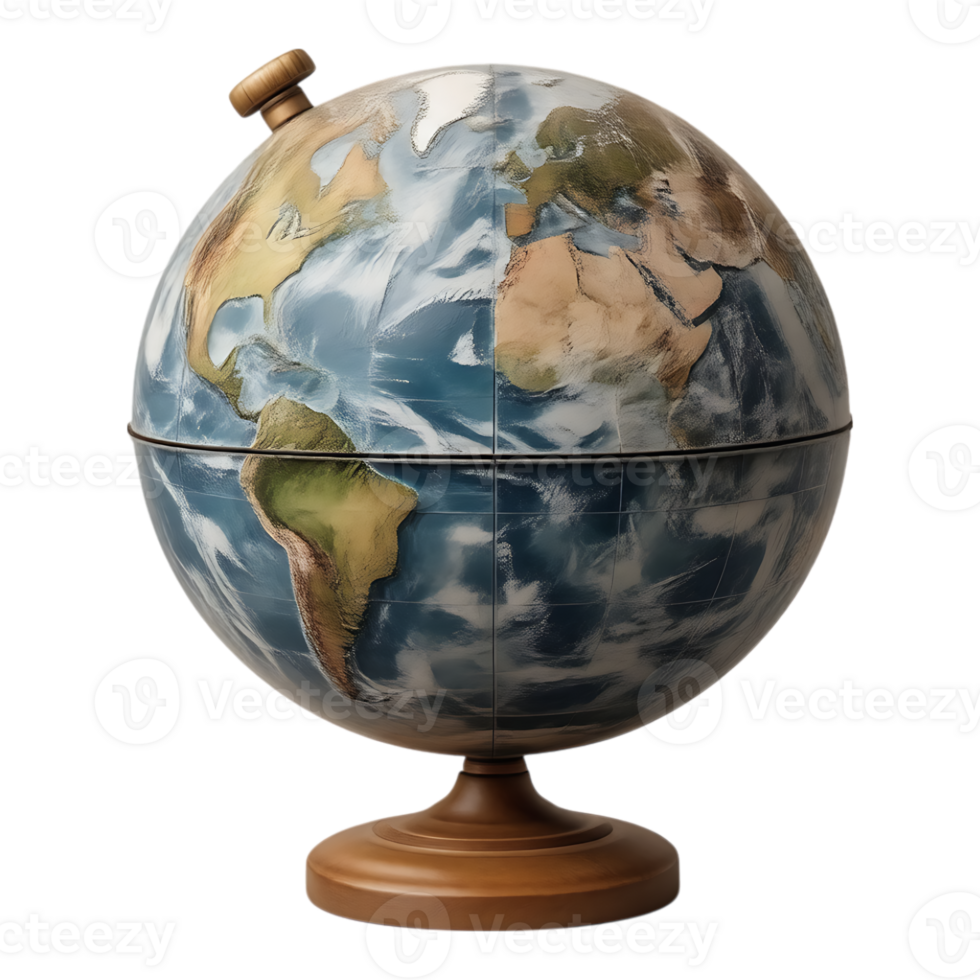 Globe Model with Topographic Details and Wooden Base png