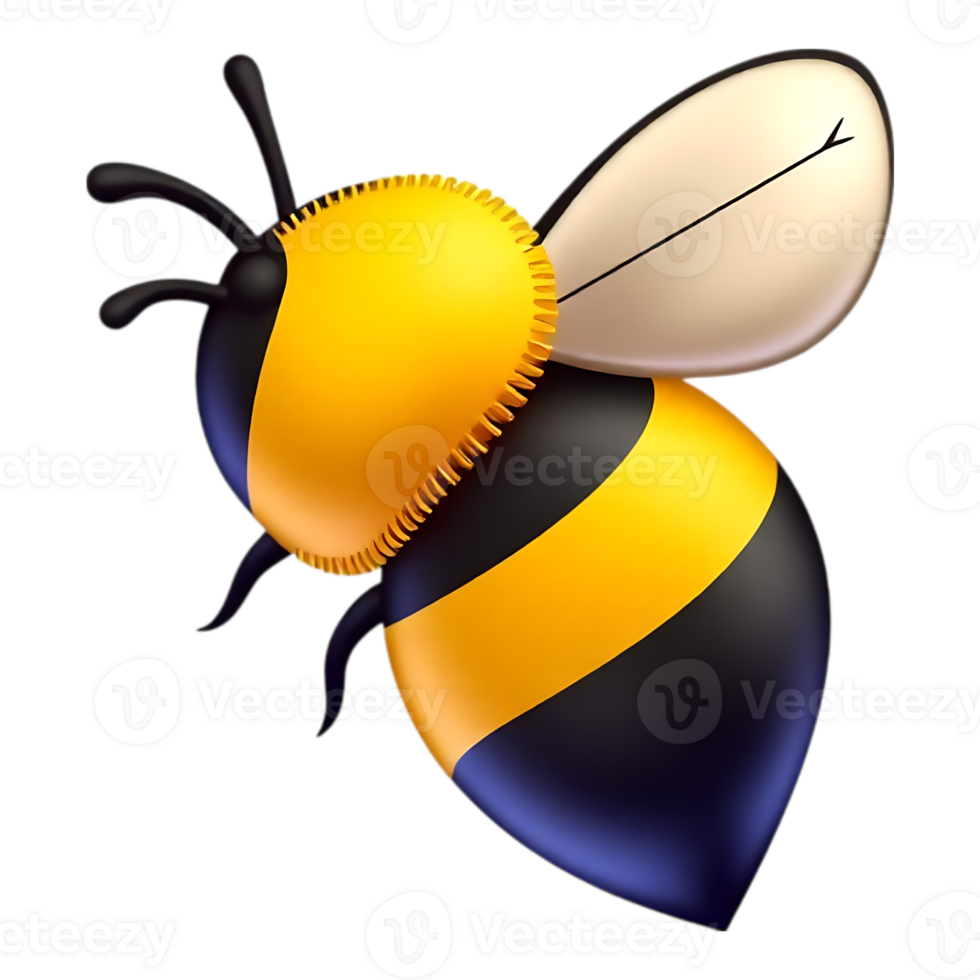 Cheerful cartoon bee in flight with transparent background. png