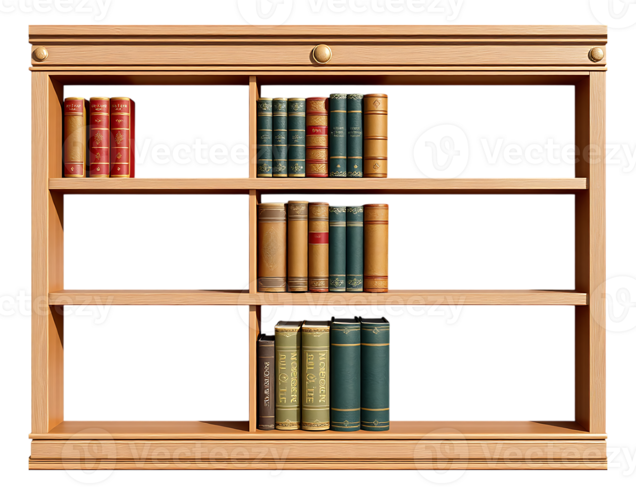 Wooden Bookshelf with Books Displayed on Shelves png