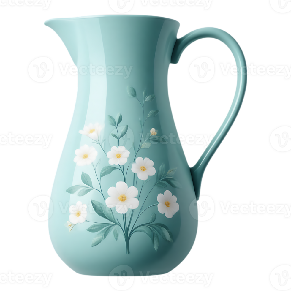Elegant Blue Ceramic Pitcher with Floral Embellishments png
