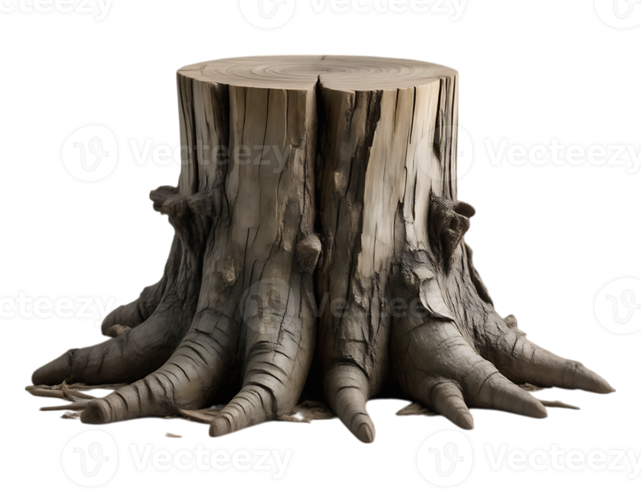 Detailed view of a weathered tree stump isolated with transparent background. png