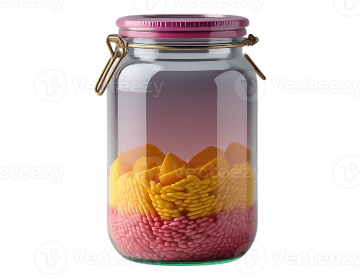 Jar of colorful candies with pink lid and golden clasp png