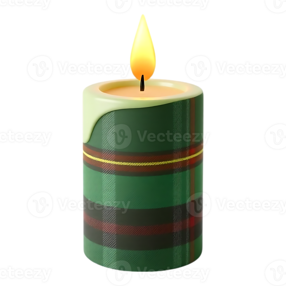 Festive Christmas Candle with Plaid Pattern and Glowing Flame png