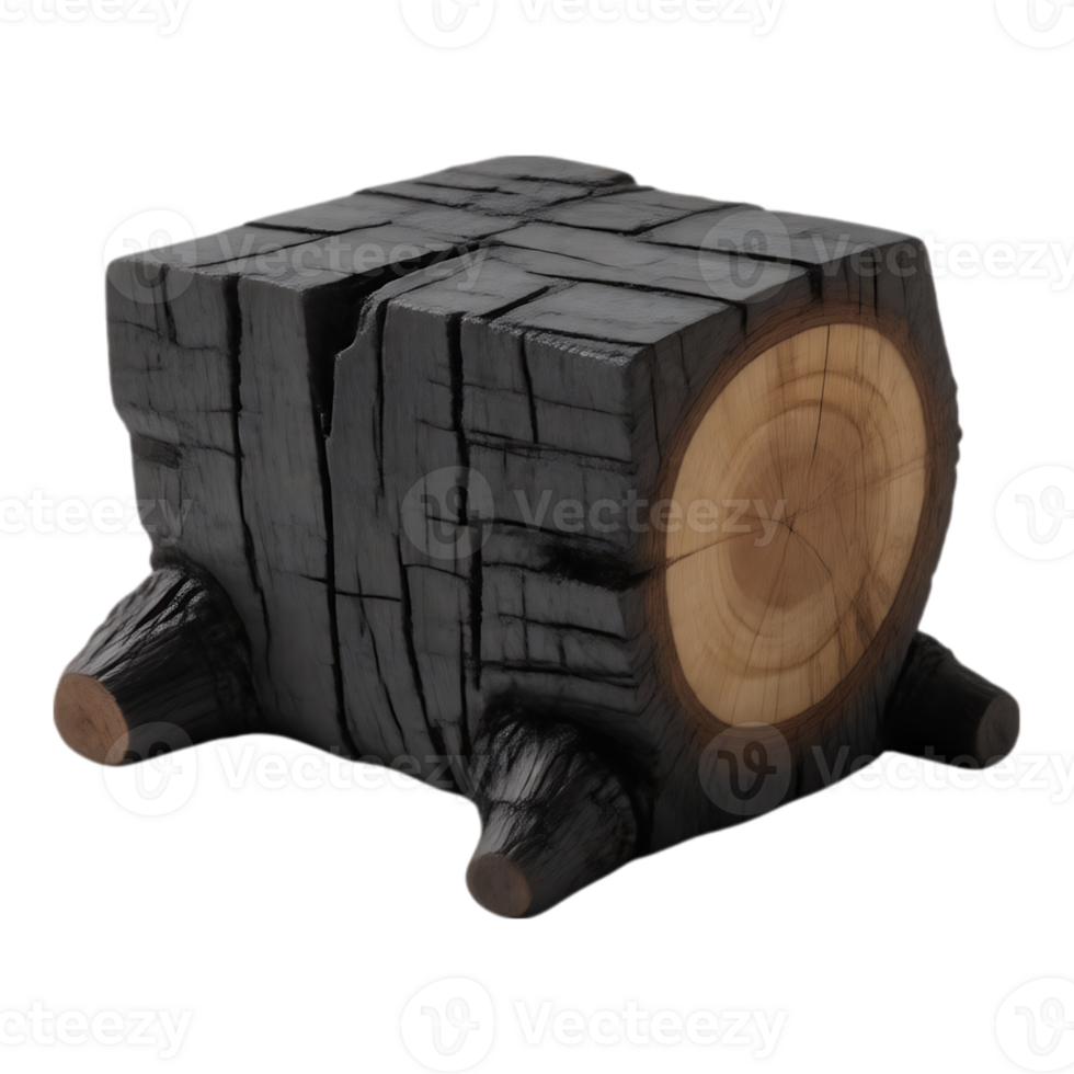 Charred Wooden Stump Side Table with Integrated Bark Detail png