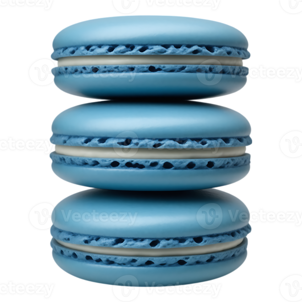 Stack of three blue macarons with white cream filling, isolated on transparent background png