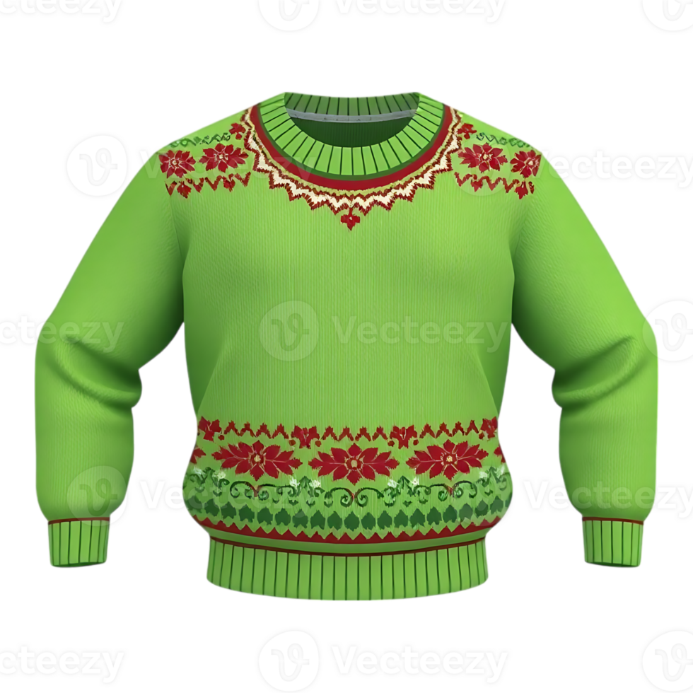 Festive Green Christmas Sweater with Floral Accents png