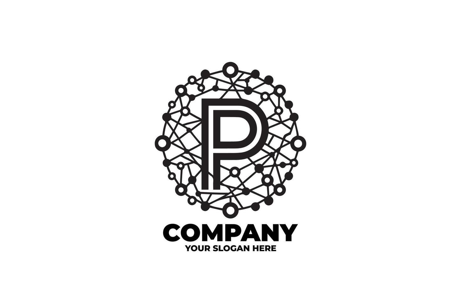 Connected Nodes letter P Monochrome Logo Design vector