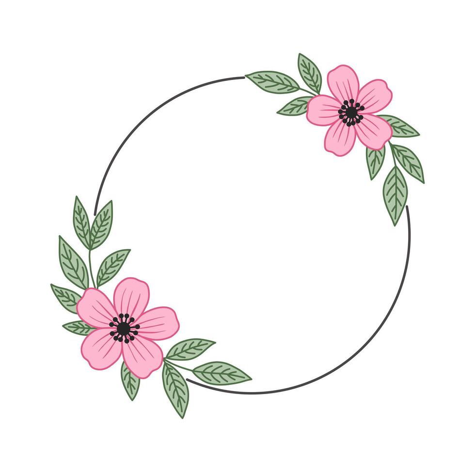 Delicate pink floral wreath with leaves and a thin black circle frame on white vector