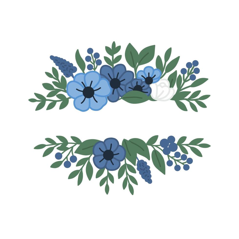 Simple Hand drawn Floral Frame with Blue Flower and Green Leaf Decoration vector