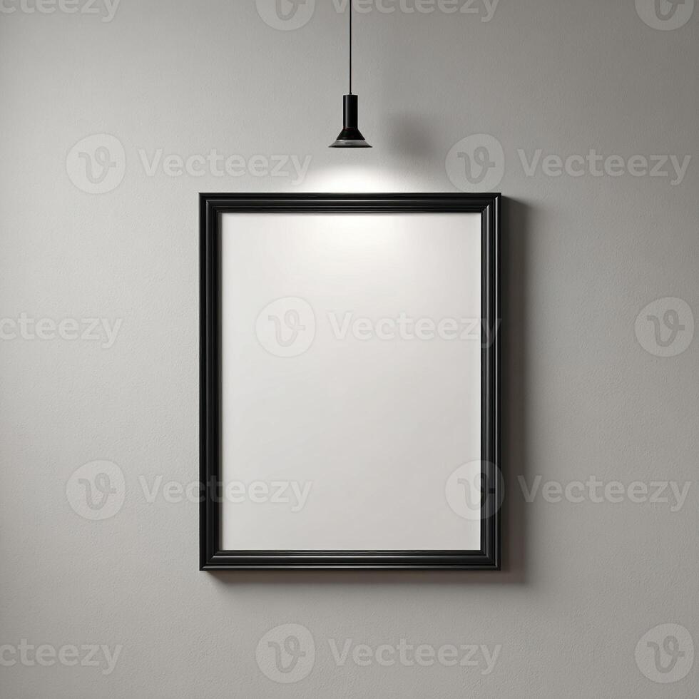 A black frame hanging on a wall with a light bulb photo