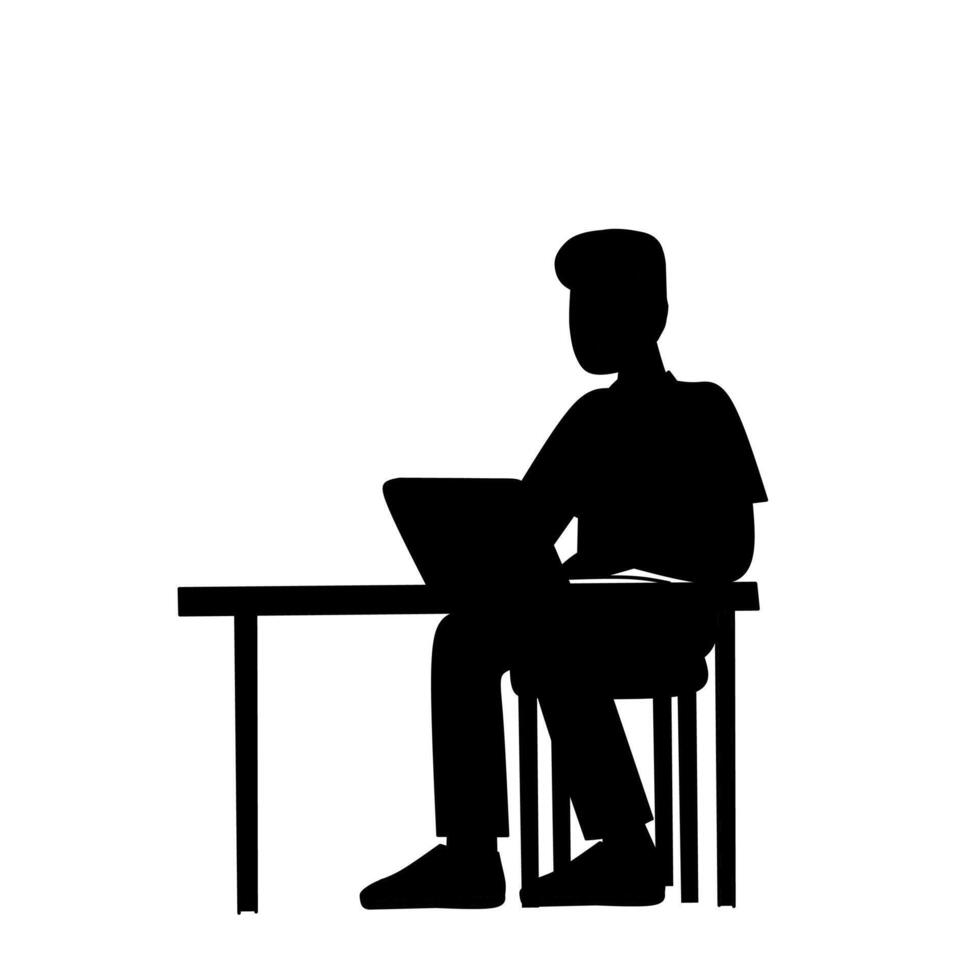 Silhouette of a man sitting at a desk using a laptop. Minimalist design for work, education, remote job, freelance, or business themes vector