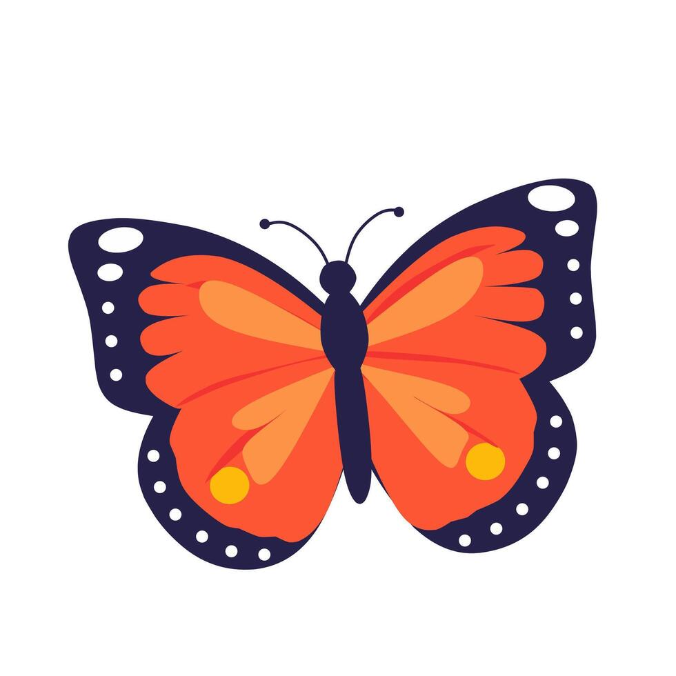 Colorful illustration of a butterfly with orange wings and dark blue edges. Flat cartoon style, ideal for education, nature themes, or design elements. vector