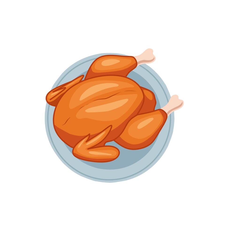 Delicious roasted whole chicken on a plate, viewed from the top. Cartoon illustration ideal for food, cooking, and restaurant design themes vector