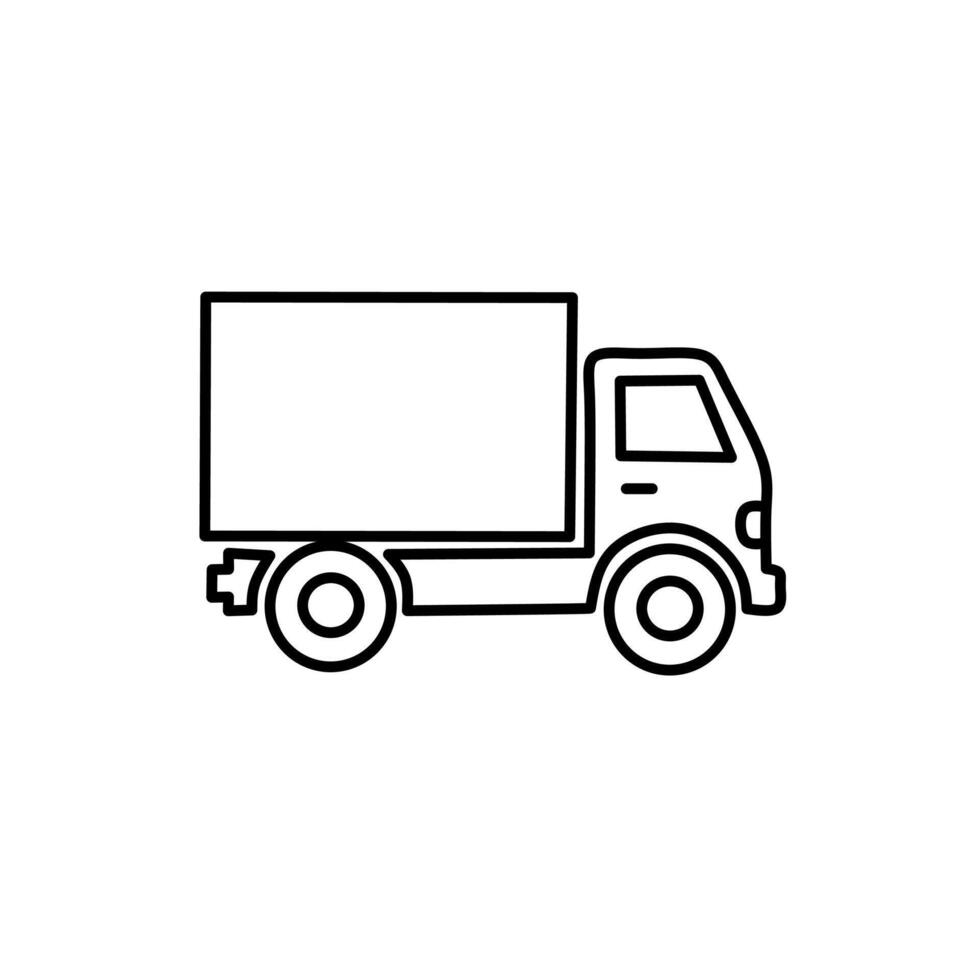 line icon of a box delivery truck in black outline style. Simple and clean transport vehicle illustration for logistics, shipping, and commercial design concepts vector