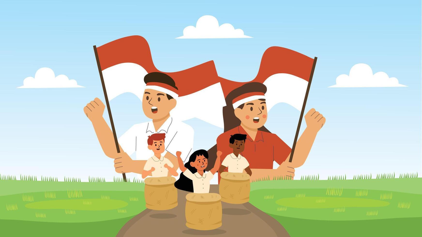 Family with kids happily playing sack race while holding flags celebrating Indonesia Independence Day vector