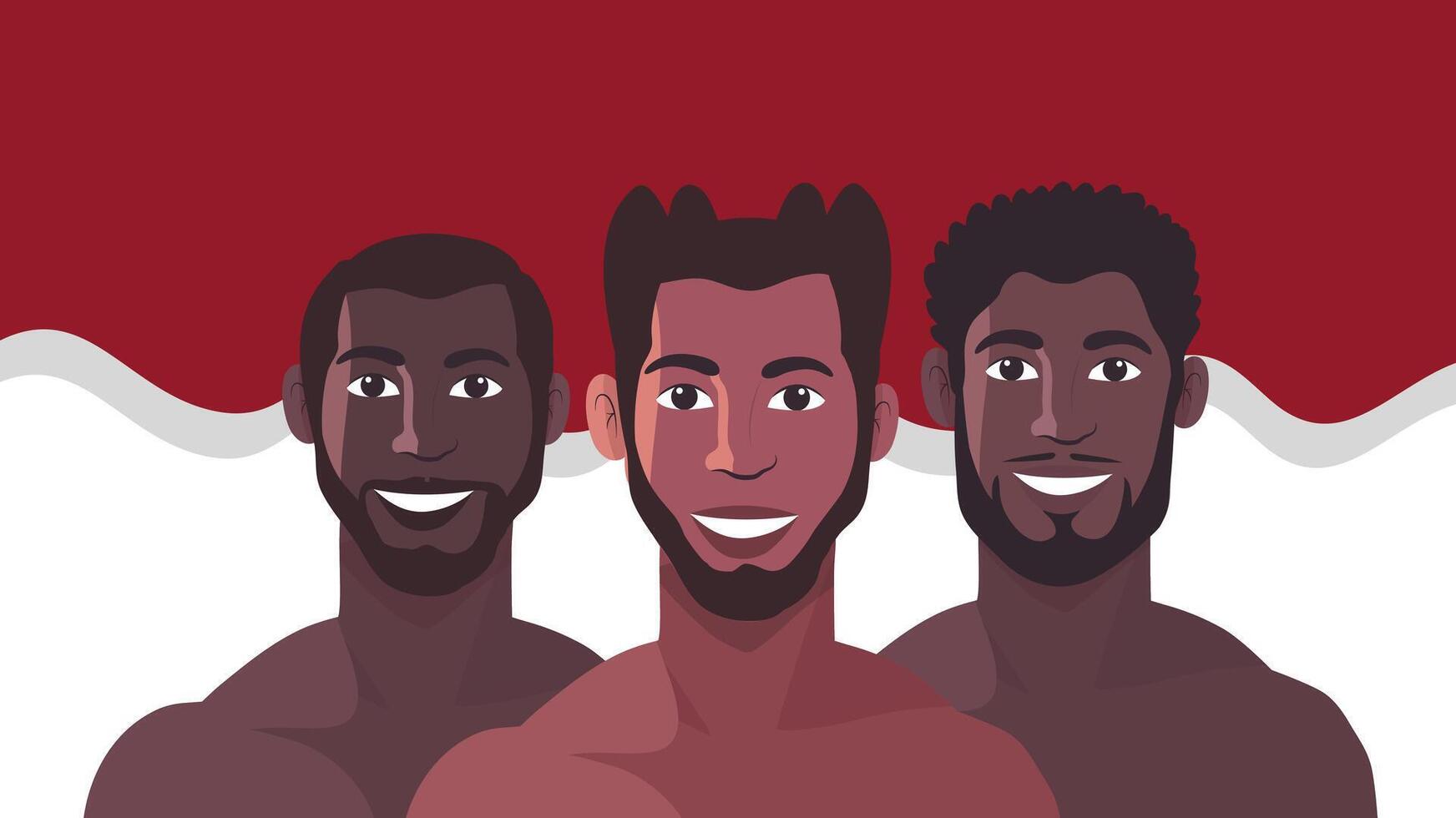 Three shirtless men stand together with red white flag background for Independence Day celebration vector